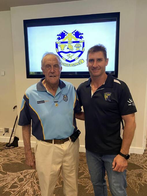 Guest speaker Lindsay Wood OAM who gave a summary of 100 years of cricket in our region pictured with Mark Bercini at the Coalfields Seniors Cricket Presentation night in Singleton on Saturday. Picture supplied