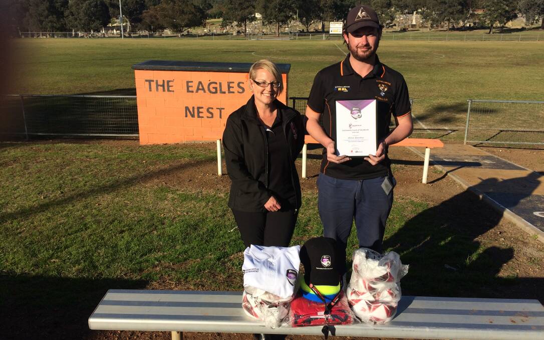 RECOGNITION: Hunter Valley Football’s operations manager Sarah White and Muswellbrook Eagles Football Club’s Andrew Spradbrow.