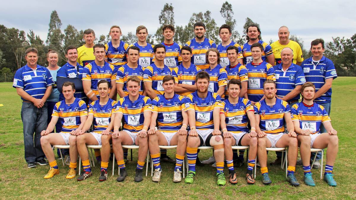 BRIGHT FUTURE: The Muswellbrook Rams under-18 squad - back, LeagueSafe Rob Beckingham, Paul Dengate, Lochlan Paine, Joaby Stevens, Cody Risby, Will Noonan, Brad Collett, LeagueSafe Chris Dengate; middle, coach Paul Benkovic, FAO Kim Beverstock, Koby Adam-Smith, Brock Farrell, Reinhard Lategan, Annaru Komene, Bailey Taylor (c), Jake Parker, Jason Mackay, Wade Mackenzie, assistant coach Mick Barnes, manager Jonas Merrick; and, front, Blake Kellett, Will Picton, Bryce Beverstock, Fletcher Baker, Alex Armstrong, Tom Bianco, Brock Mathews and Brodie Collins - which will face the Singleton Greyhounds in Sunday’s Group 21 grand final.