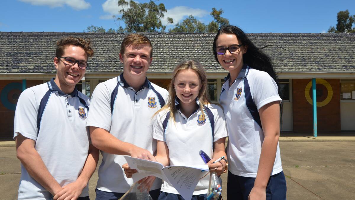 ONE DOWN: Muswellbrook High School students Talesin Court-Kriesch, Jayden Parker, Georgia Lewis and Ashlea Deller at the completion of the first HSC exam on Monday.