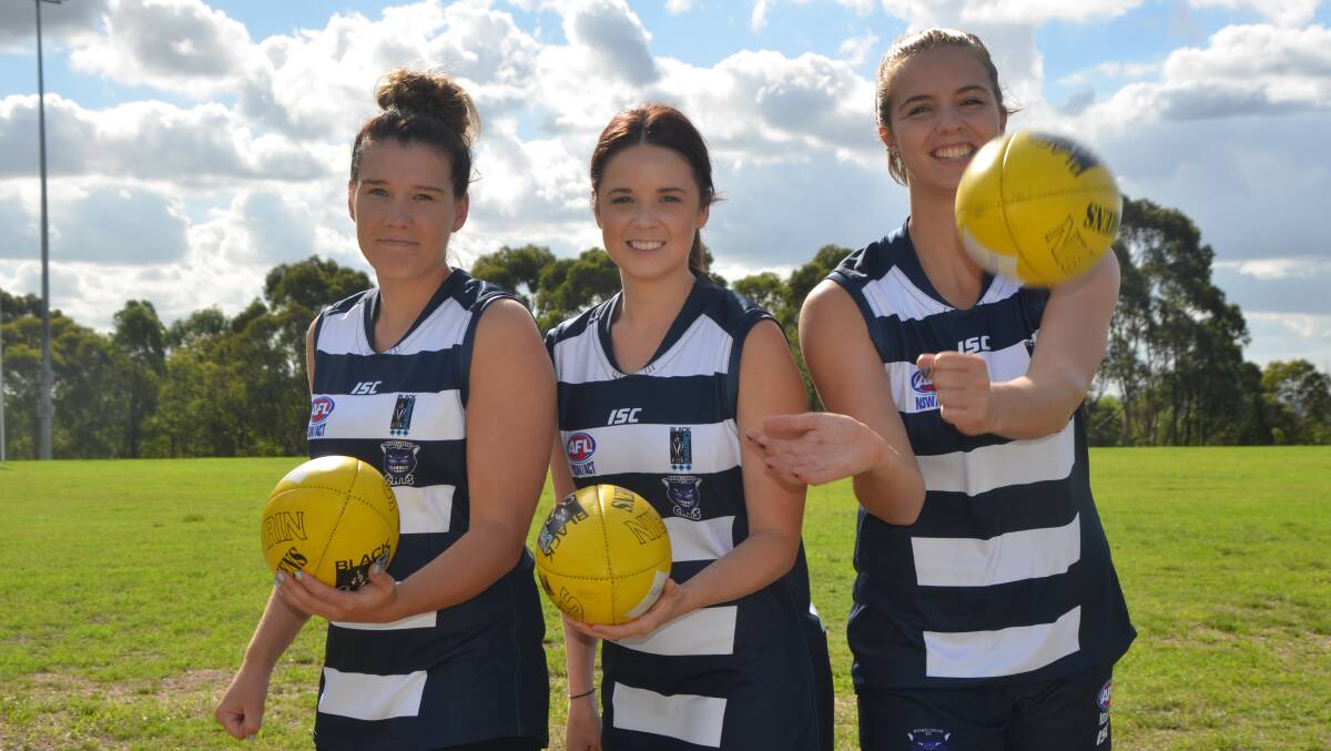 GAME ON: Paris Adam, Tammy Whitla and Gyarn Rawson will take the field for the Muswellbrook Cats in Saturday's historic hit-out.