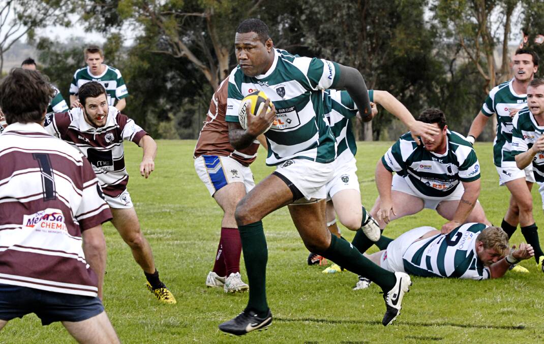 HARD TO CONTAIN: Muswellbrook Heelers' Bruce Raque led the way against Cooks Hill No 2 at Highbrook Park at the weekend. The hosts prevailed 33-10. Pic: STAN YATES 