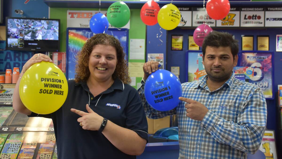 ARE YOU THE MISSING MILLIONAIRE? Leah West and Rohit Sharma from the prize-winning Southside Newsagency in Muswellbrook. Pic: BETINA HUGHES