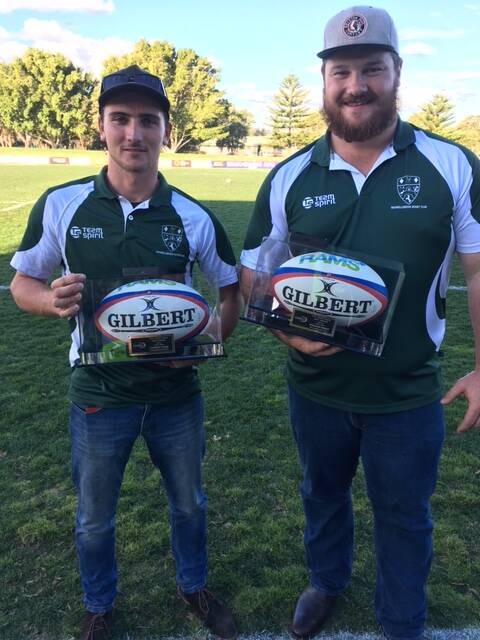 JOINT WINNERS: Muswellbrook Heelers Cameron Young and Ben Heriot, who received the Cyril Burke Medal for Best and Fairest in the Newcastle and Hunter Rugby Union first division competition.