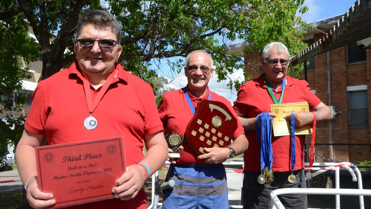 TASTE OF SUCCESS: Muswellbrook’s Gordy Manton, Ian Scott and Peter Caddis who performed brilliantly at the recent Stroke Olympics.