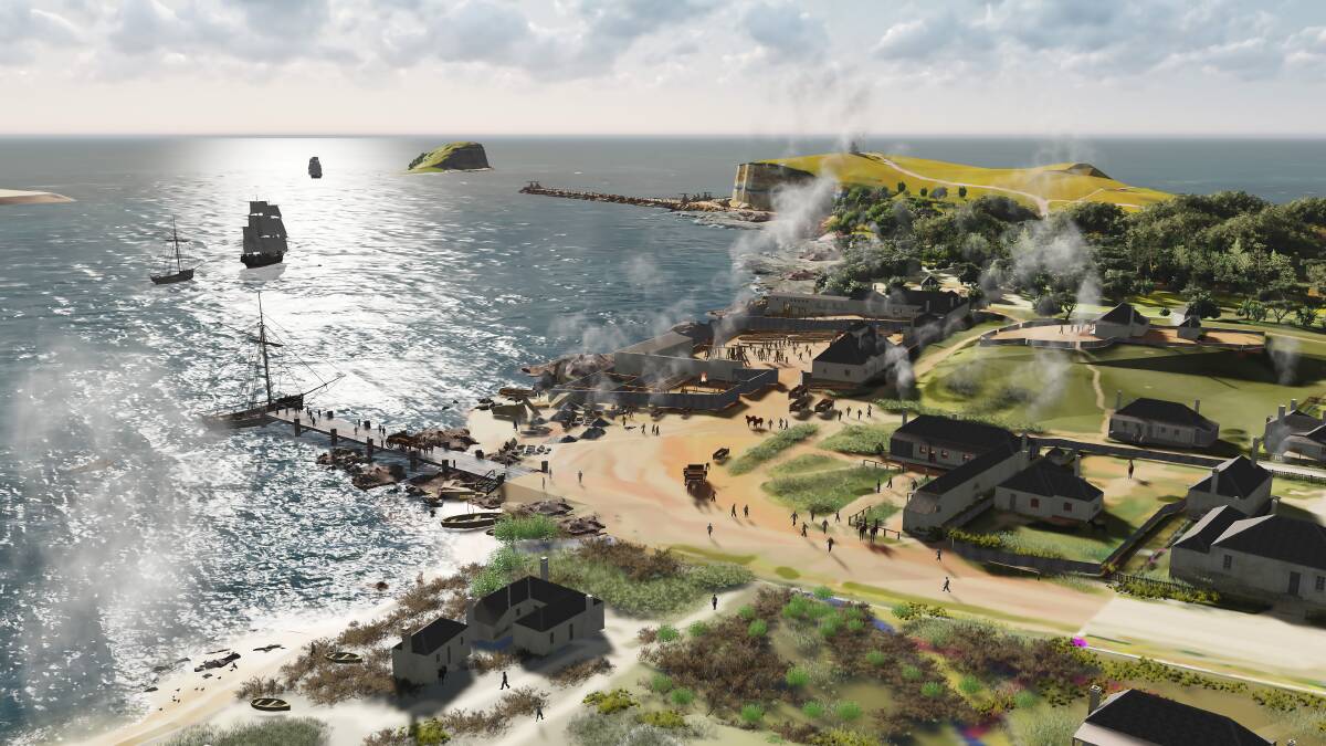 TIME MACHINE: A recreation of Newcastle in 1825, looking out towards where the Nobbys Breakwater stands today. Pictures: Hunter Living Histories
