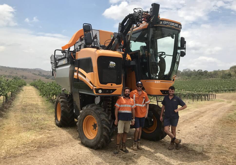 EARLY HARVEST: Hollydene Estate's Kurt Hamilton, John Williams and Brent Hutton with the first self-propelled Pellenc harvester in the Hunter Valley.  