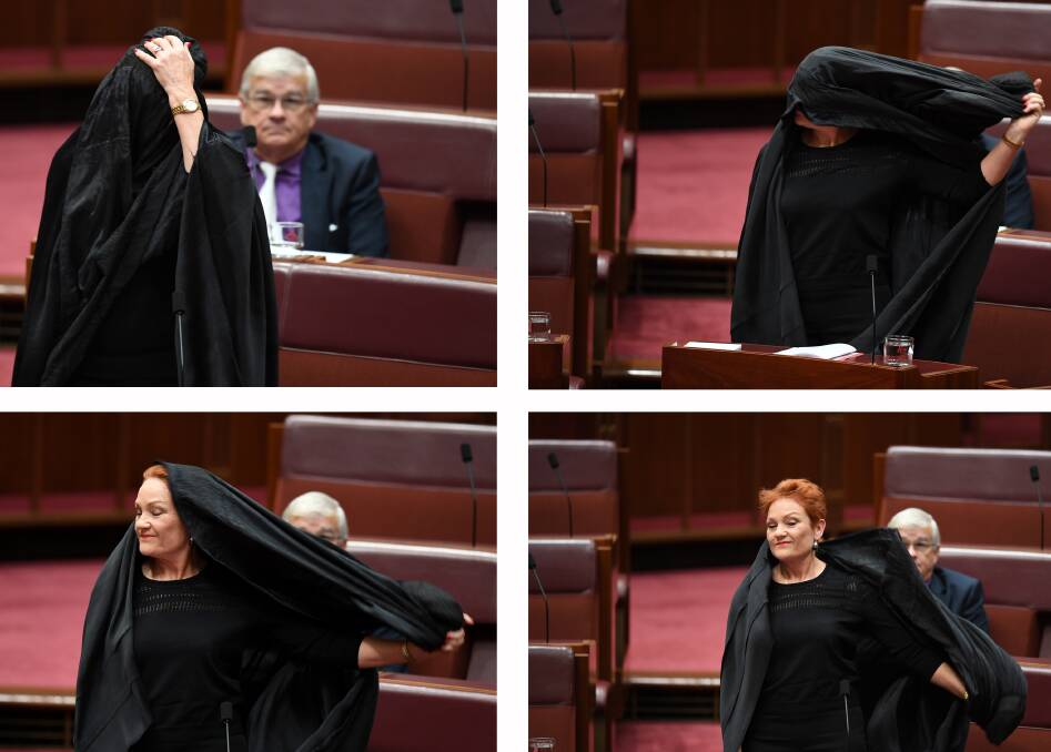 Stunt: One Nation leader Pauline Hanson and One Nation Hunter Senator Brian Burston in the Senate on Thursday when Ms Hanson wore a burqa. Mr Burston said he thought it was "a good idea".