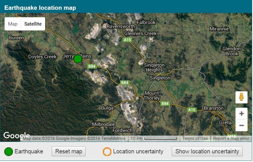EARTHQUAKE: The location of the 2.7 magnitude earthquake near Singleton. Pic: GEOSCIENCE AUSTRALIA.