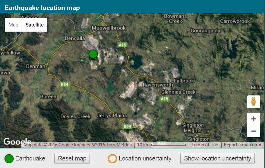 EARTHQUAKE: The location of the 2.6 magnitude earthquake near Muswellbrook. Pic: GEOSCIENCE AUSTRALIA.