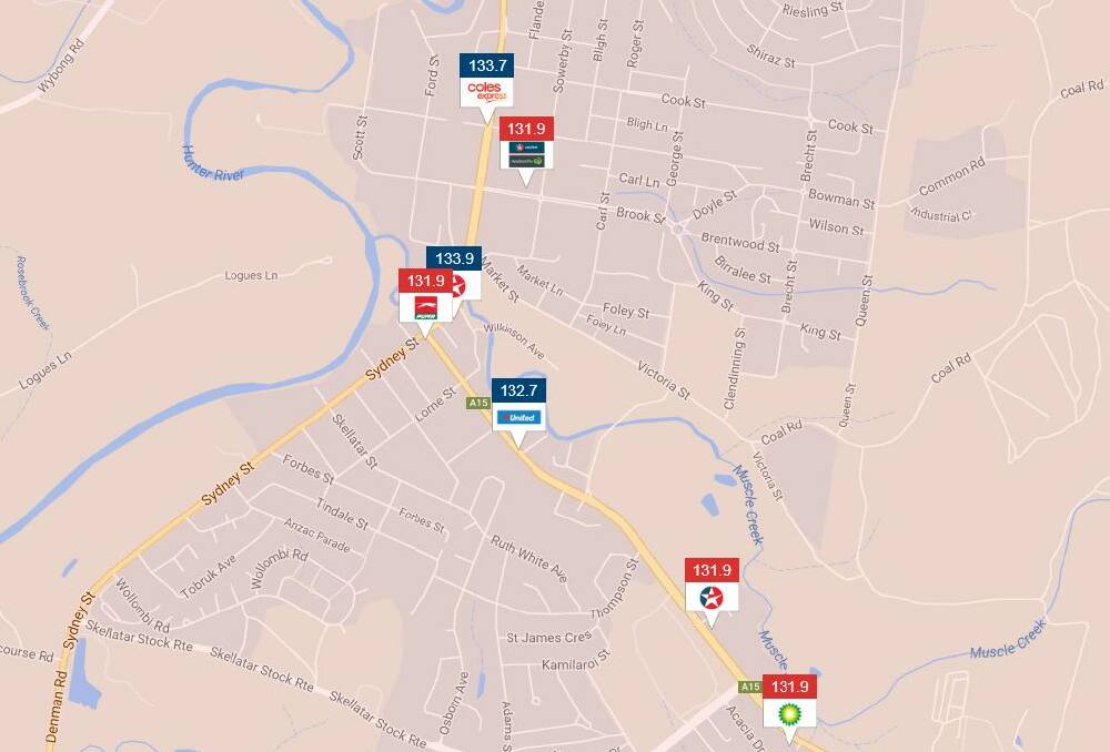 Muswellbrook Unleaded 91 prices, Tuesday, August 22. Picture: www.fuelcheck.nsw.gov.au