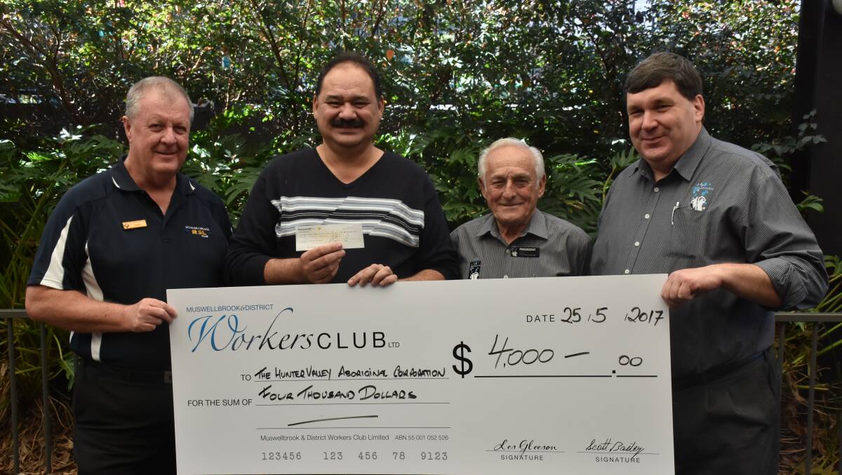 THANK YOU: Muswellbrook RSL Club's Daryl Egan, Hunter Valley Aboriginal Corporation's Ross Pahuru, Muswellbrook and District Workers Club's Les Gleeson and Scott Bailey.