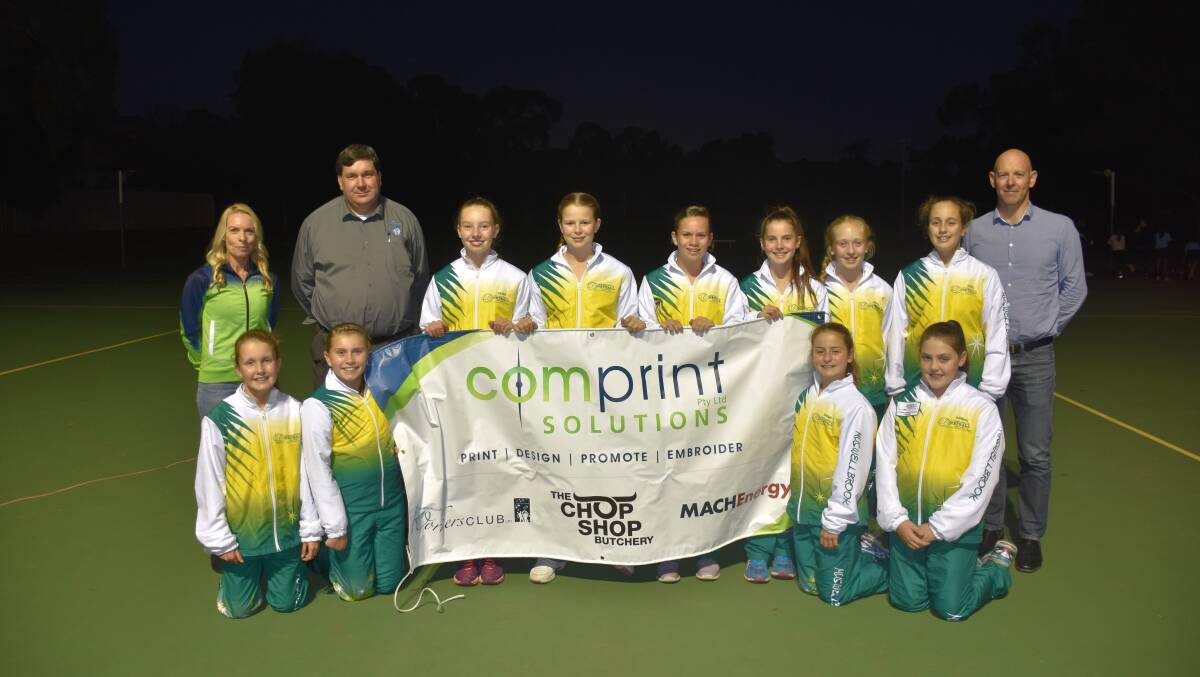 READY TO GO: Muswellbrook Under-12s with Comprint Solution's Sally Comerford, Muswellbrook and District Worker's Club manager Scott Bailey, and Mach energy managing director CEO Scott Winter.