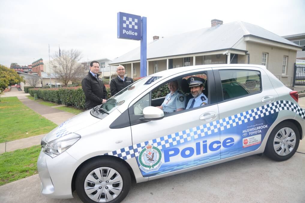 THANKS: Muswellbrook Toyota and used car manager Troy Jackson and general manager Mohan Samuel with Hunter Valley Local Area Command Senior Constable Sheree Gray and Chief Inspector Guy Guiana with the new vehicle.