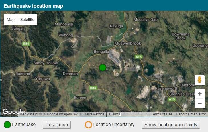 EARTHQUAKE: The location of the 3.1 magnitude earthquake near Denman. Pic: GEOSCIENCE AUSTRALIA.