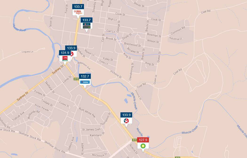 Muswellbrook Unleaded 91 prices, Friday, August 18. Picture: www.fuelcheck.nsw.gov.au