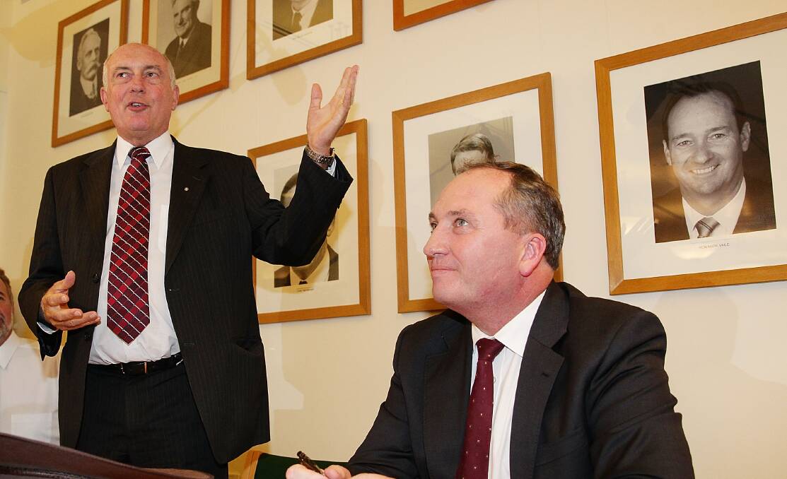 Deputy Prime Minister Warren Truss and Minister for Agriculture and Water Resources Barnaby Joyce ahead of the National Party leadership ballot in the Nationals Party room at Parliament House. Photo: GETTY IMAGES