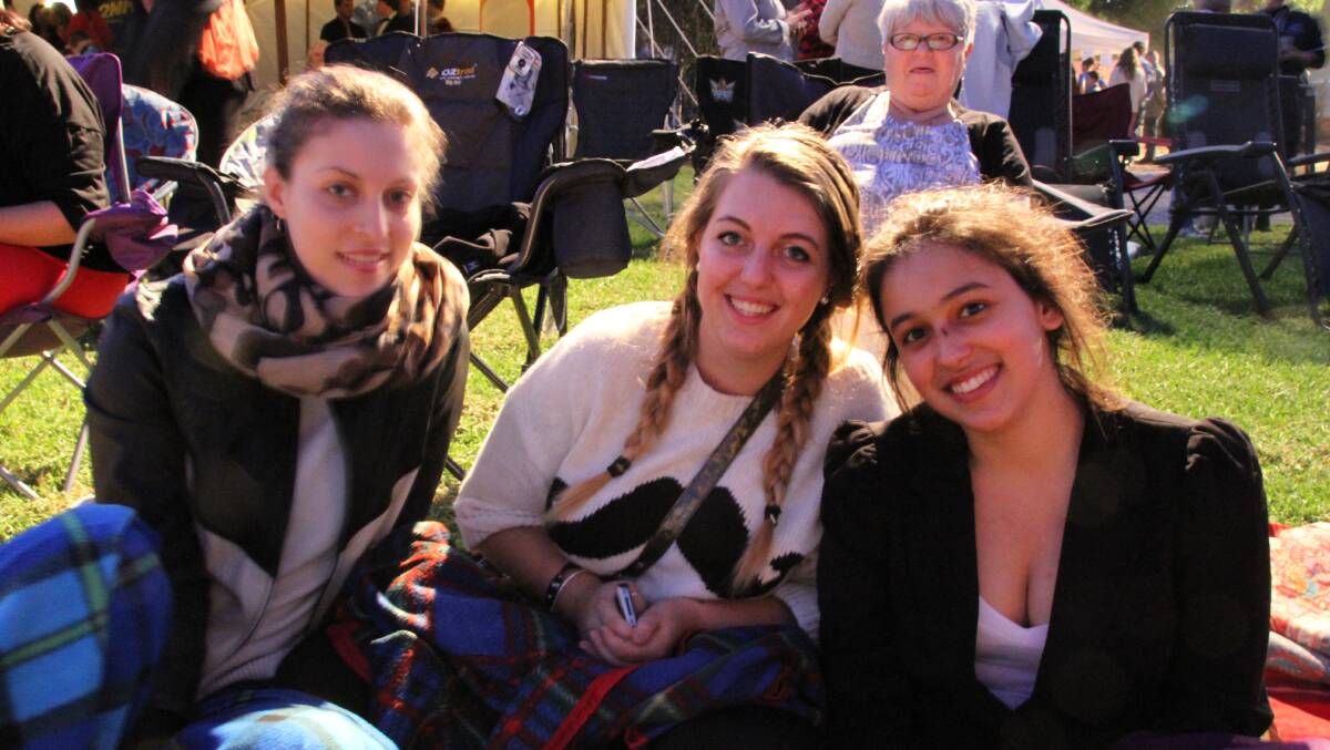 Giulia Casazza, Alice Traggia and Gia Macolino enjoying their visit to the Upper Hunter by taking in a night at the Blue Heeler Film Festival on Wednesday.