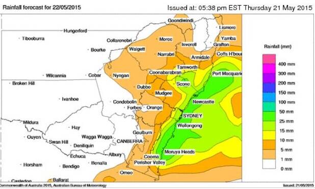 A severe weather warning for possible heavy rain and gale-force winds has been issued for the Hunter for Friday, May 22, 2015.  Pic: Courtesy Bureau of Meteorology.