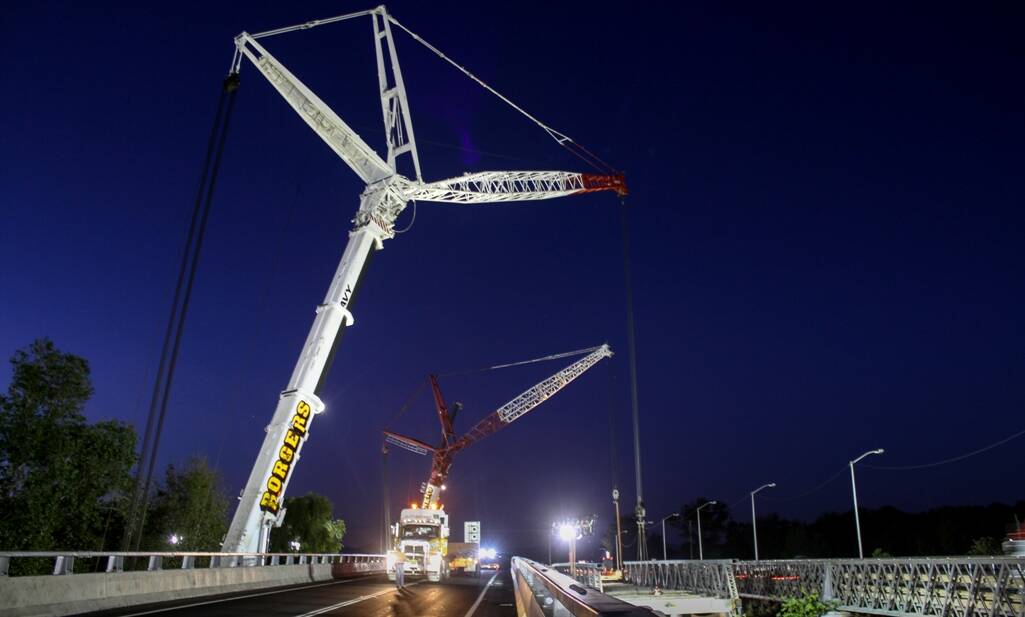 Aberdeen's 1986 Fitzgerald Bridge over the Hunter River slips quietly away as town sleeps during civil engineering feat.  Photo: Darren Daly, Lightbox Imageworks, with permission of Roads and Maritime Services (RMS).

