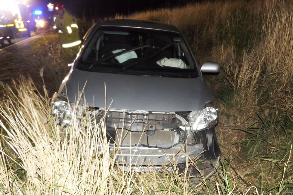 The damaged silver Toyota Yaris after Wednesday night's accident between Muswellbrook and Aberdeen.  Photo: Courtesy Ian McIntyre.