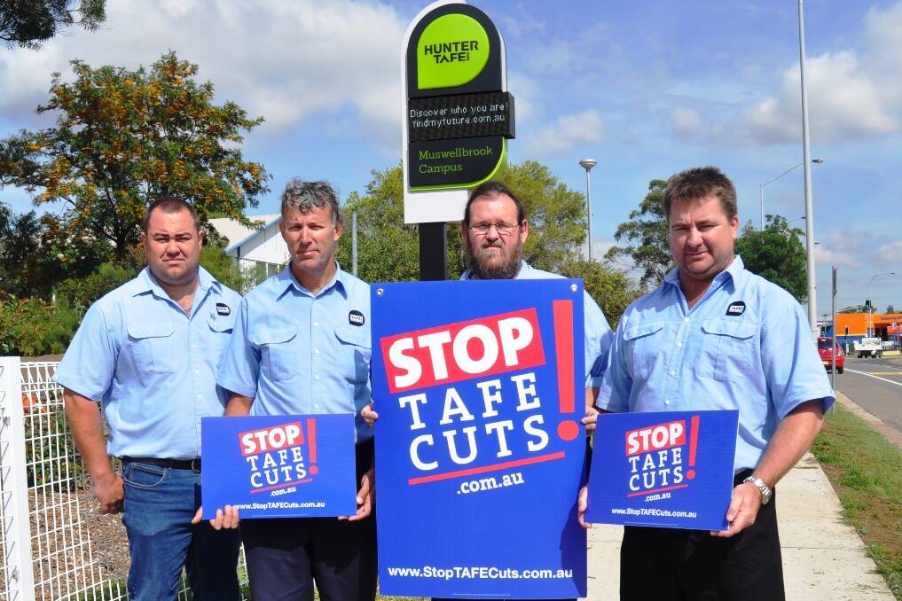 Teachers at Hunter TAFE’s Muswellbrook Campus worried about their future (from left to right) Steven Hall, Metal Fabrication and Welding teacher; Michael Hofman, Fitting and Machining teacher; Michael Dyer, Electrical Trades teacher and AEU TAFE Teachers Federation representative; and Darren Ward, Electro-Technology teacher.  Absent from the photograph is James Wiseman, Metal Fabrication and Welding teacher.