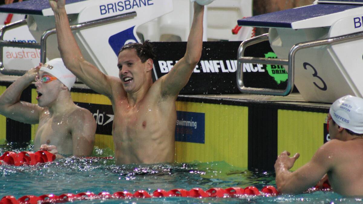 London Olympian Mitchell Larkin shows his joy at winning the 100m backstroke event at the Australian Swimming Championships. 
Photo by Chris McCormack