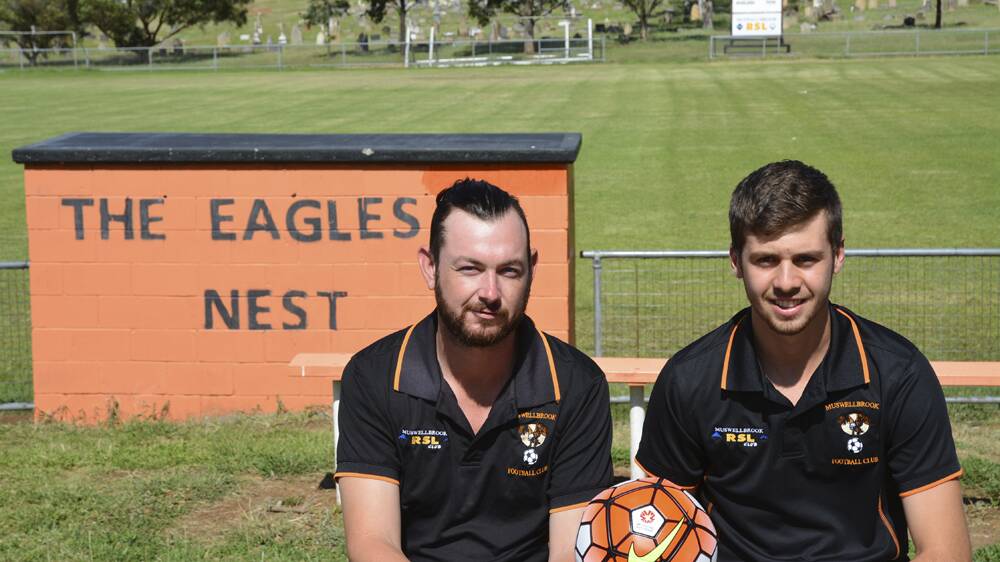 HIGH HOPES: Muswellbrook Eagles president/first grade coach Andrew Spradbrow with new signing Lachlan Nicol at the football club’s home ground, the Eagles Nest, during the week.
