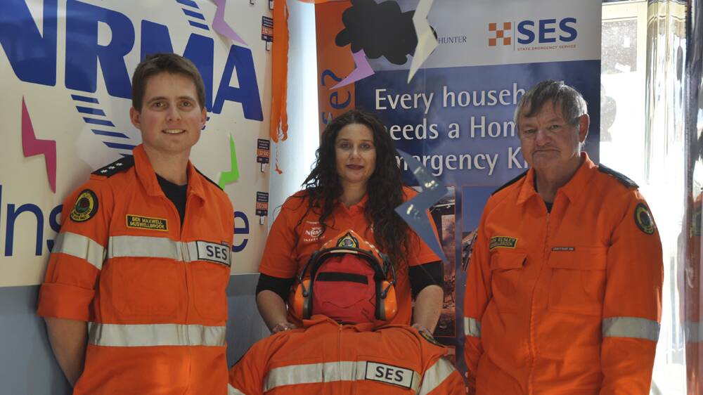 START PREPARING: Muswellbrook NRMA manager Kristine Smith and Muswellbrook SES members Ben Maxwell and Mark Elsley (right), with rescue mannequin Kevin Quinn, are hoping residents are StormSafe.
