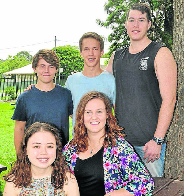 GOOD JOB: Muswellbrook High 2014 HSC students (back, from left) Jake Cronin - 97 Music; John Langley - 91 Personal Development, Health and Physical Education (PDHPE); Connor Graham - 96 per cent English Extension 2 (front, from left) Shiona Suzuki - 93 Japanese Continuers and; Jordi Adam-Smith - 93 Music.  Absent from photo are Kyle Burgess - 94 Music and Damon Jones - 92 Music.