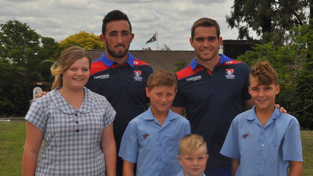 NEWCASTLE Knights players Adam Clydsdale and Brock Lamb visited St James' Primary School, Muswellbrook, today as part of the NRL's Community Carnival initiative. The players set about spreading this year's community message, which focuses on improving the overall wellbeing of children.