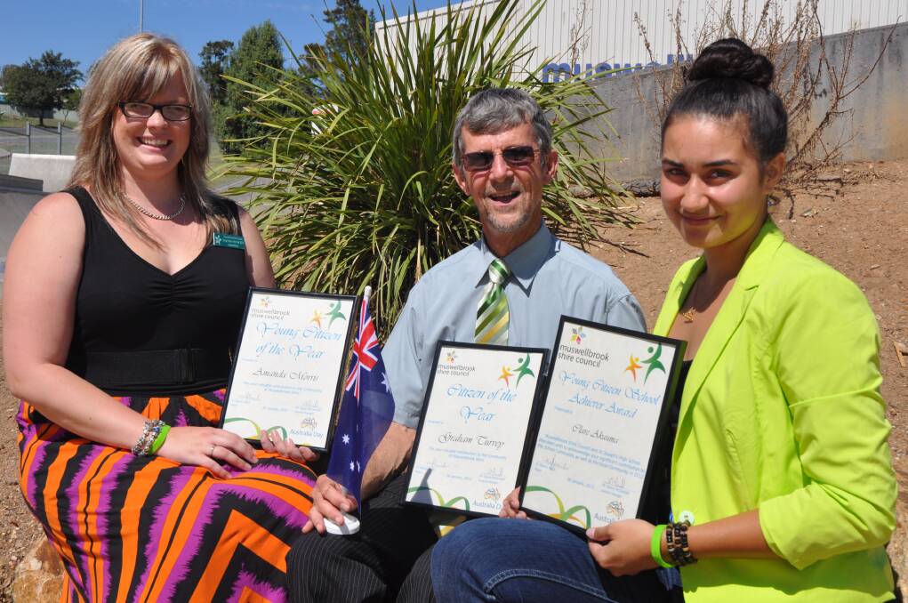 FEBRUARY: TOP NOTCH:The volunteer work and time spent giving back to the community is what it is all about for Muswellbrook Shire’s Citizen of the Year Graham Turvey, Young Citizen of the Year Amanda Morris (left) and Young Citizen School Achiever Clair Akauma (right).