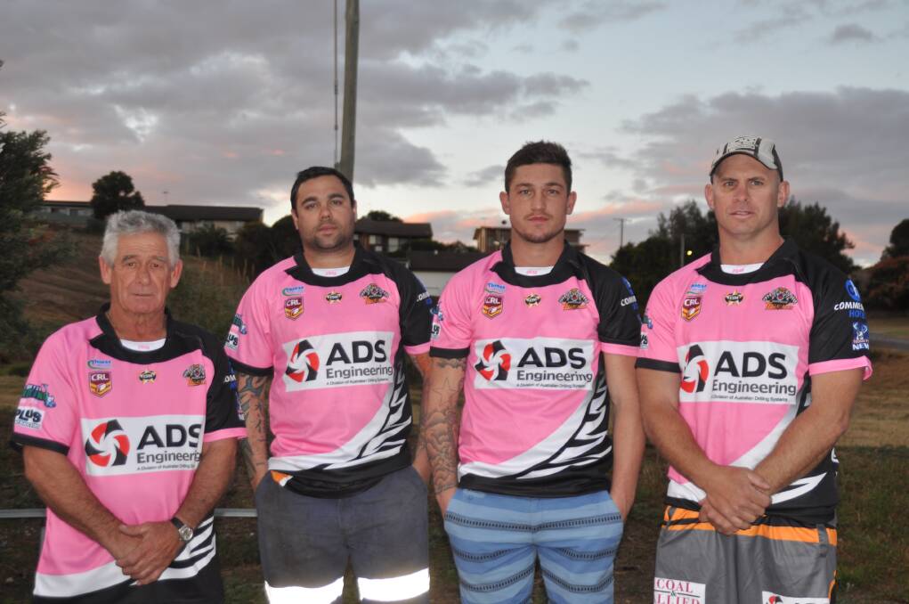 MAY:IN THE PINK: From left, Aberdeen Tigers club patron Ron Foot, first grade captain-coach James Neyland, Adam Coote and vice-president Mark Wilton are hoping to raise funds for breast  cancer and motor neurone disease tomorrow.