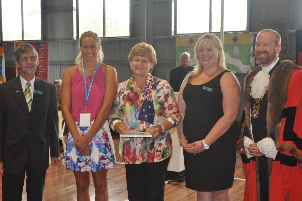 CONGRATULATIONS: (l-r) 2013 Muswellbrook Citizen of the Year, Australia Day Ambassador Taylor Corry, 2014 Citizen of the Year Jenny Hinschen, 2013 Young Citizen of the Year Amanda Morris, and Muswellbrook mayor Martin Rush.