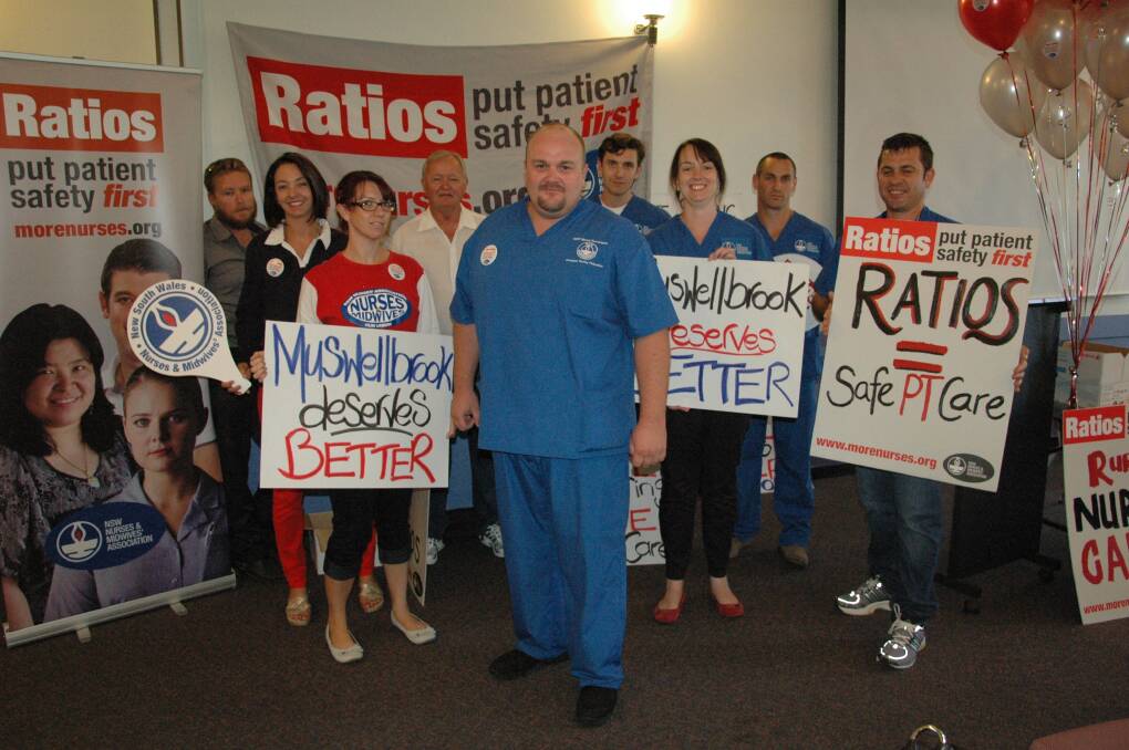 MARCH: UNITED FRONT: Secretary of the Muswellbrook branch of the NSW Nurses and Midwives’ Association Adrian King (front) was supported by fellow Muswellbrook nurses at the state-wide campaign, which kicked off at Muswellbrook District Workers Club yesterday.