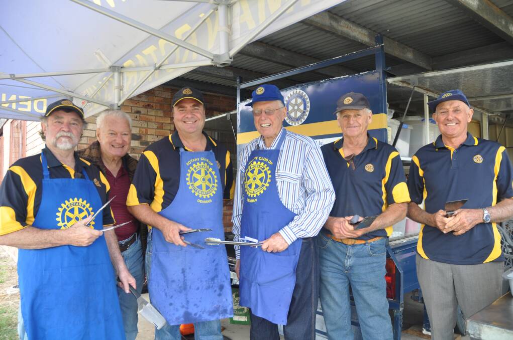 SERVING IT UP: Denman Rotary members, from left, president John East, Brian Johnson, vice president Rod Hirst, Kevin Thompson, Des Samways, and Jeff Thompson.
