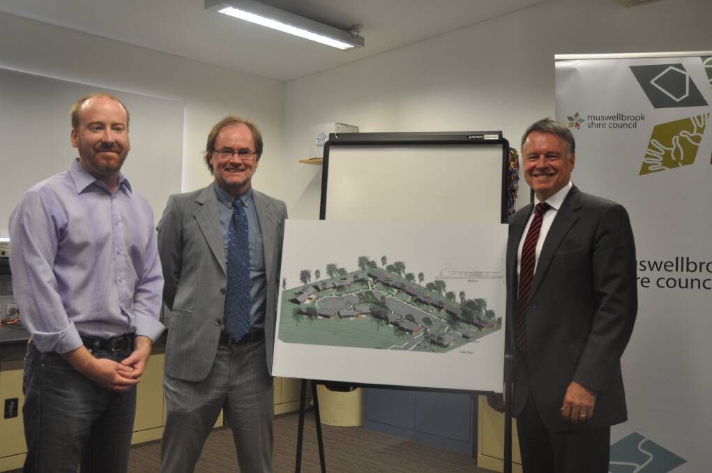 NOVEMBER: FIRST-CLASS FACILITY:Muswellbrook Shire mayor Martin Rush, Hunter TAFE’s strategic planning manager David Kirkby and Hunter MP Joel Fitzgibbon with the plans for the 63-bed student campus accommodation.