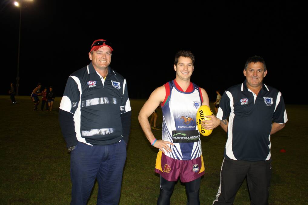 JULY: KICKING NEW GOALS: Muswellbrook Cats AFL president Ken Garland, captain Brian “Marta” Martin and coach Paul Duncan on the eve of the side’s last home game of the season.