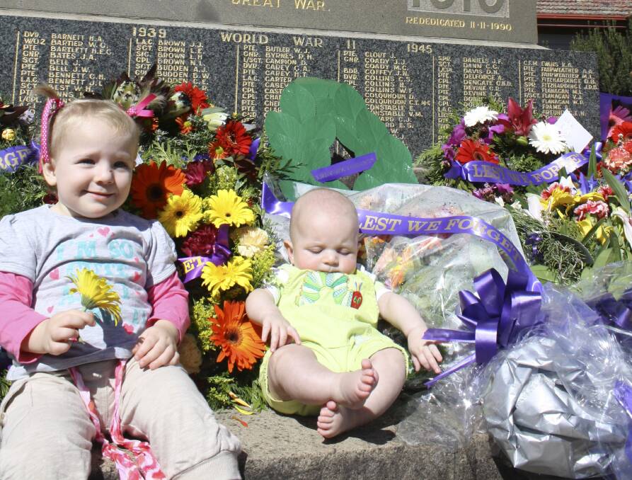 APRIL: NEVER TOO YOUNG TO PAY RESPECTS: ON Anzac Day one year ago, Matilda Moller, 18 months, had her photo taken with the wreaths on the cenotaph. Yesterday, she was joined by her five-month-old cousin Nathan Petersen for what will become an annual photo for the Muswellbrook children. As the nation paid tribute to our  fallen heroes, a big local crowd descended upon Bridge Street for the traditional Anzac Day service.