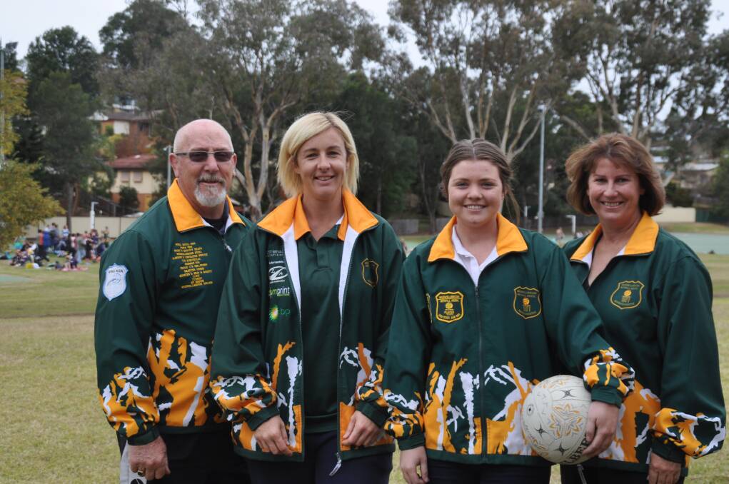 JUNE: SYDNEY BOUND: Muswellbrook Netball Association representative coaches Ian Ingles (left) and Karen Payne (right) with team members Rebecca Gumb (opens) and Ally Lovegrove (17 years) on the eve of the 2013 NSW State Championships.