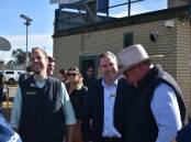 James Thomson, Steve Reynolds and Barnaby Joyce at Muswellbrook's Olympic Park on Thursday morning. Picture: Ethan Hamilton