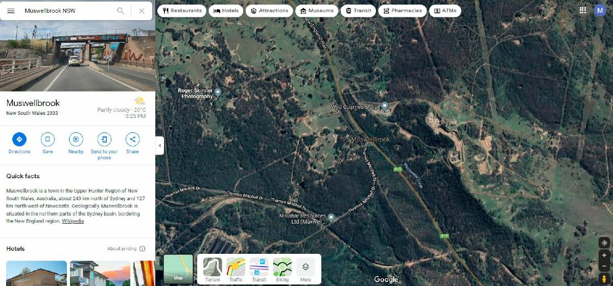 WRONG: Google Maps had mistakenly located Muswellbrook close to the intersection of Thomas Mitchell Drive and the New England Highway. Picture: Google Maps