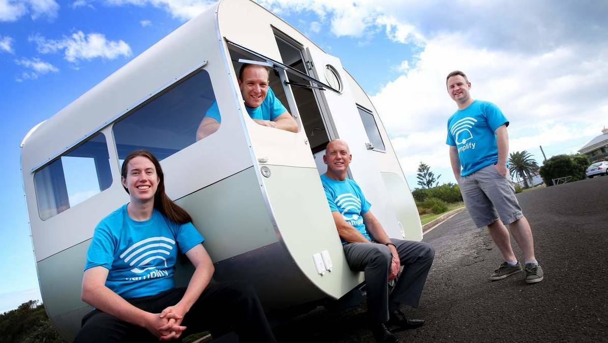 START-UP: The team behind Newcastle-based Camplify, from left, Tim Chaston, Justin Hales, Steve Norris and Kale Hook photographed in 2015. Picture: Dean Oswald Newcastle Herald