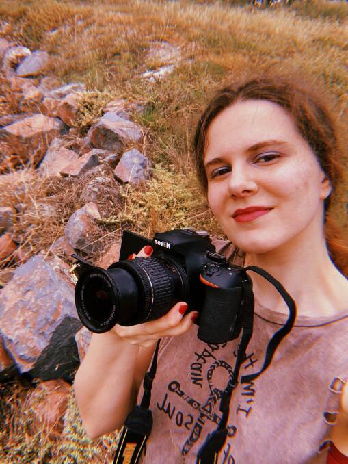 FILM: Samantha Dennis-Serhan with the camera used to film her 2021 BHFF entry 'A New Hope'. Supplied: Samantha Dennis-Serhan