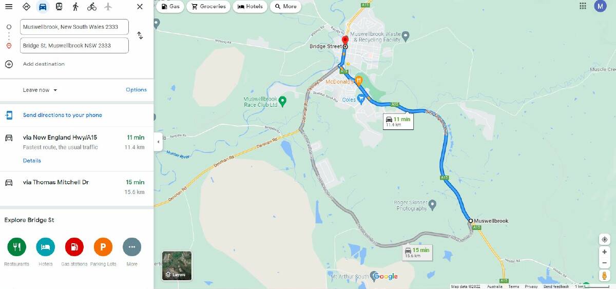 ERROR: A Google Maps error led drivers who searched for 'Muswellbrook' more than 10km south of the town. Picture: Google Maps
