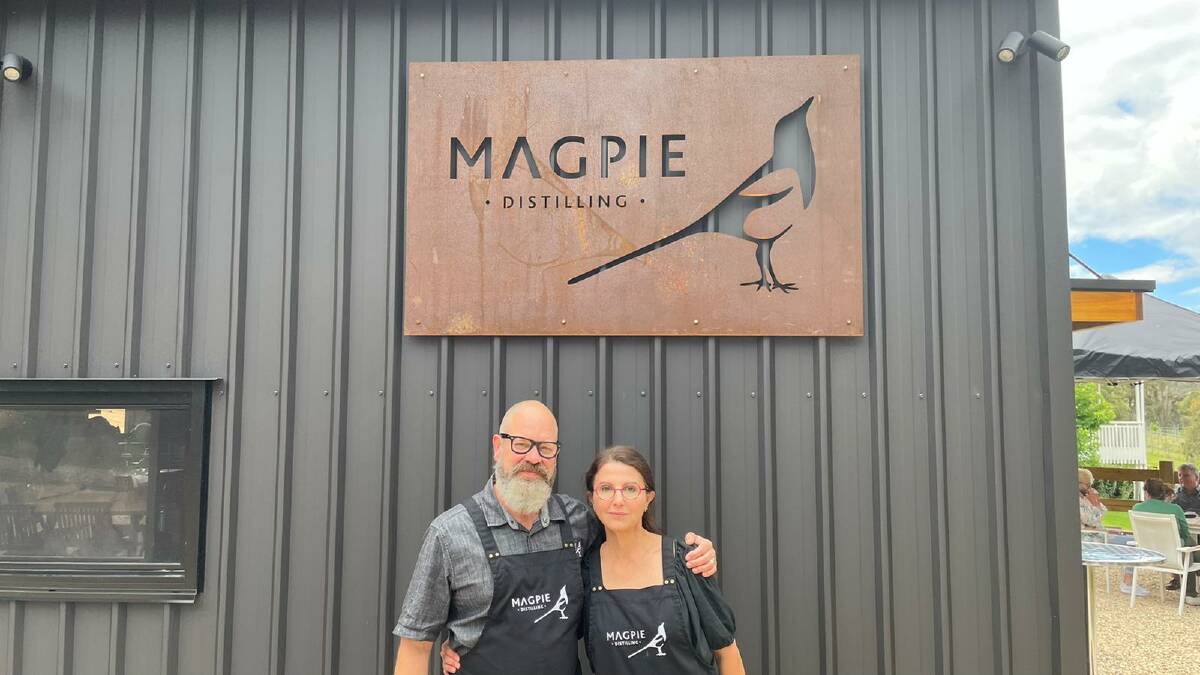 OPEN: Geoff and Nikki Drummond outside the new cellar door at Magpie Distilling in Murrurundi on November 6, 2021. Picture: Mathew Perry