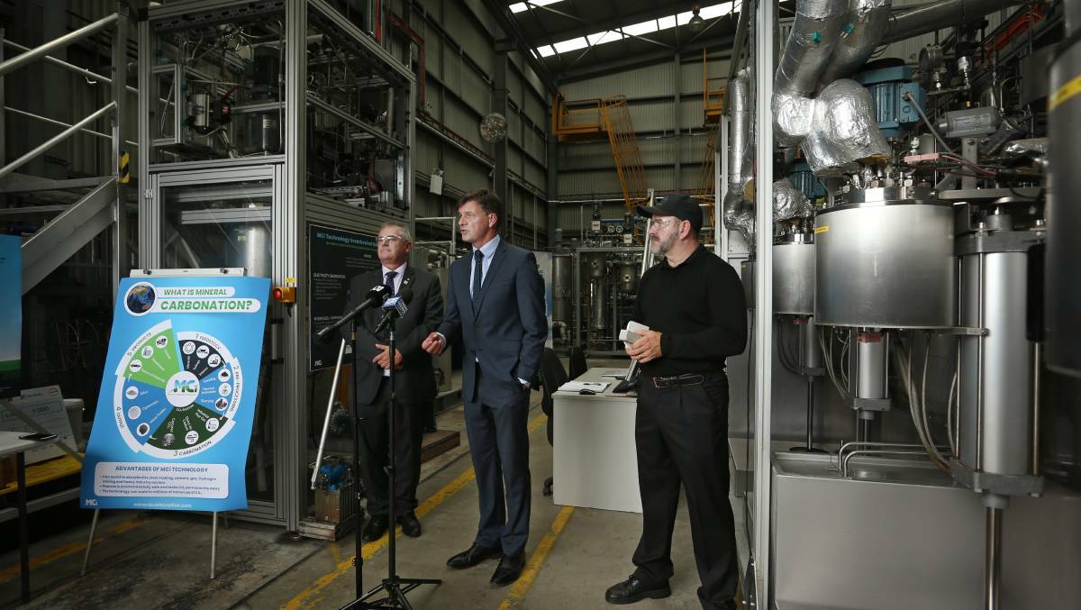 Energy and Emissions Reduction Minister Angus Taylor at carbon capture, use and storage (CCUS) research facility run by Mineral Carbonation International in March. Picure: Simone De Peak