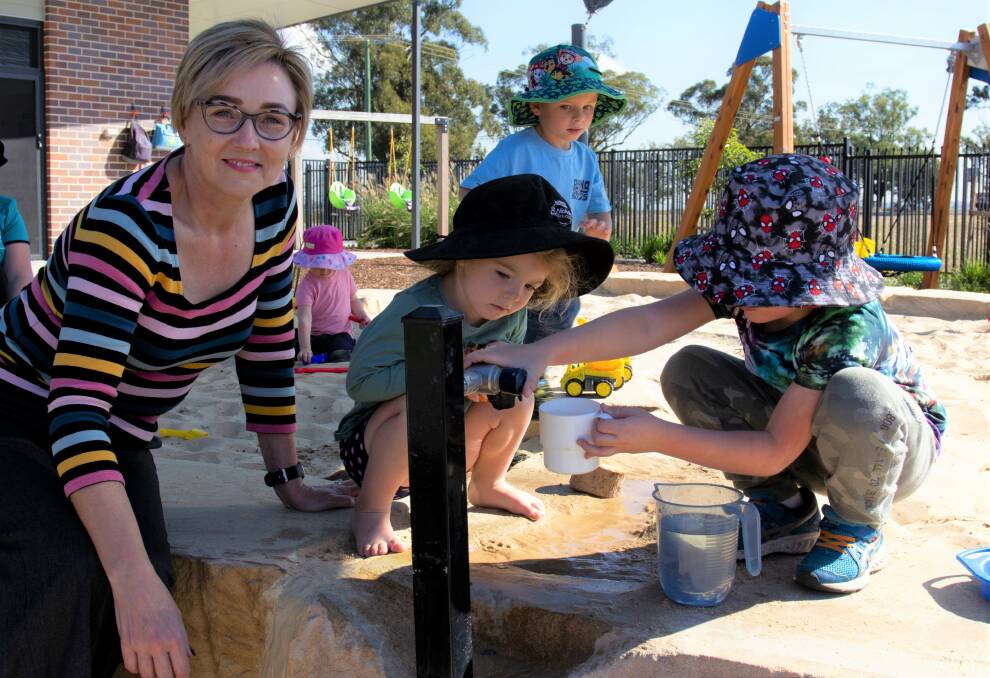 NSW's Shadow Minister for Early Childhood Learning, Jodie Harrison in the sand pic at Muswellbrook's St Nicholas Early Education centre.