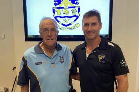 Guest speaker Lindsay Wood OAM who gave a summary of 100 years of cricket in our region pictured with Mark Bercini at the Coalfields Seniors Cricket Presentation night in Singleton on Saturday. Picture supplied