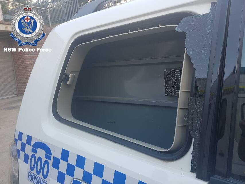 Police vehicle damaged in Muswellbrook brawl. Photo: Hunter Valley Police District.